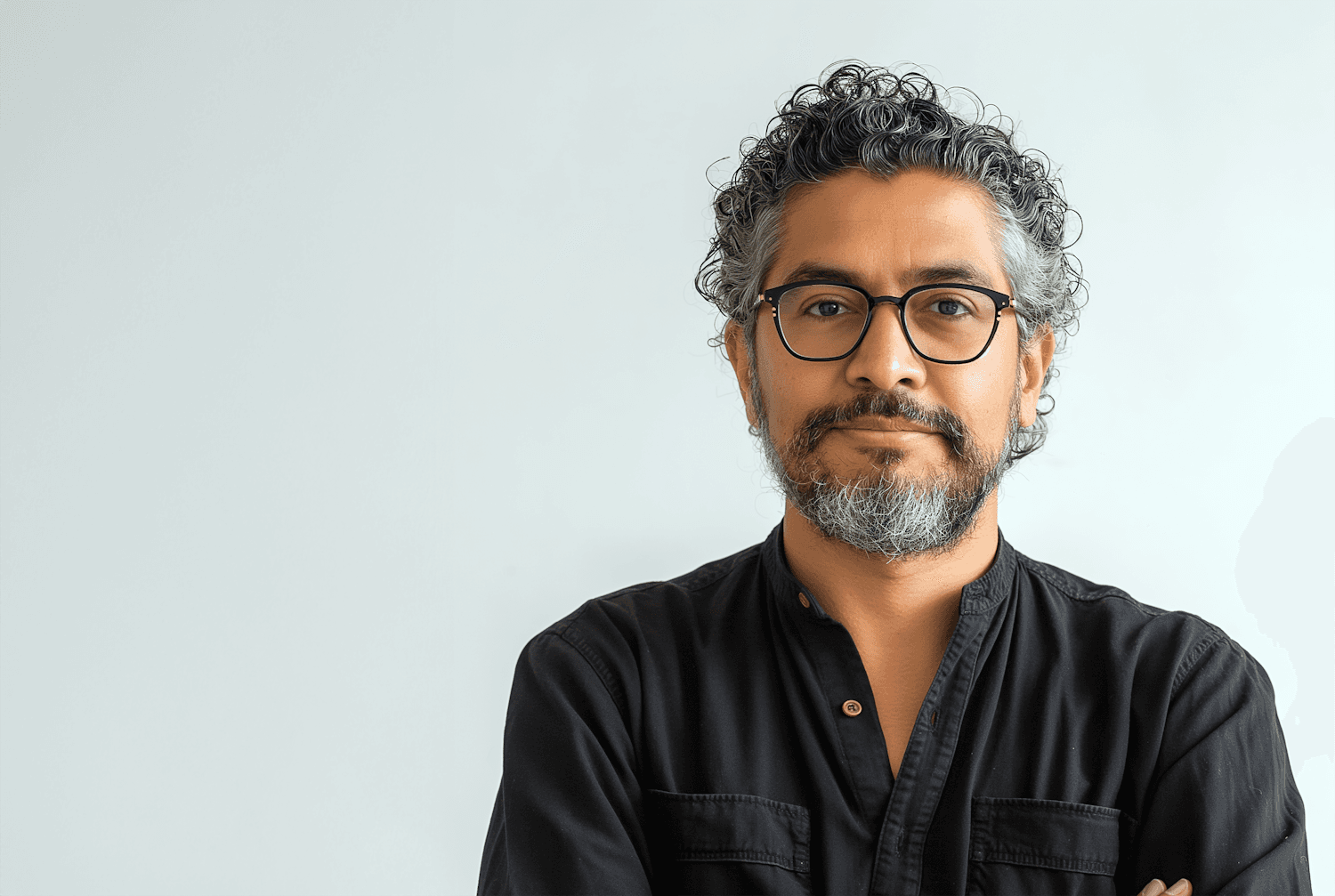 Portrait of a team member wearing glasses and a black shirt